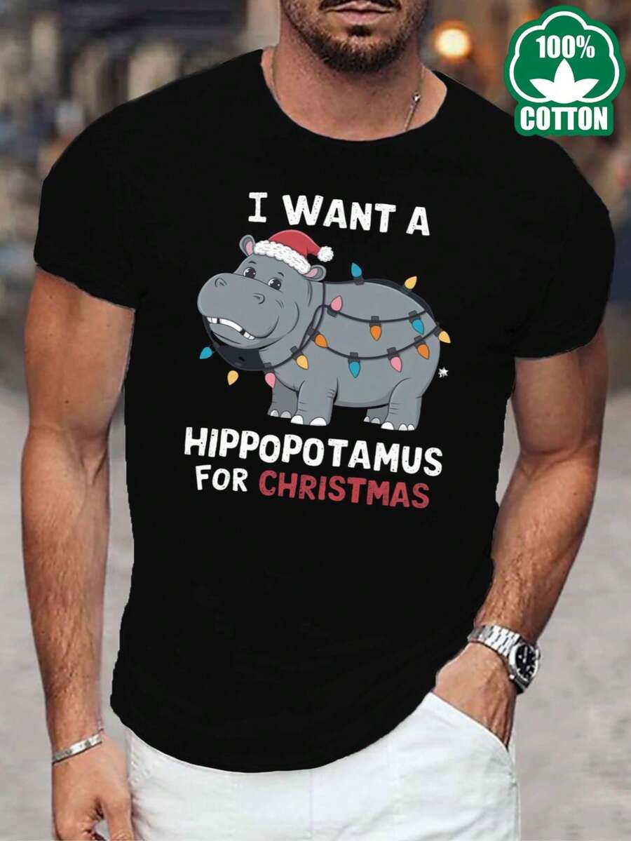 new casual style men's short sleeve T-shirt, high quality breathable round neck, machine washable,  print top in black I Want A Hippopotamus For Christmas Suitable for sports and daily casual wear - Negro - Ver 1
