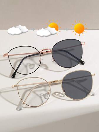 2pcs Metal Crafted Foot Decorations Photochromic Cat Eye Glasses, Fashionable Unisex