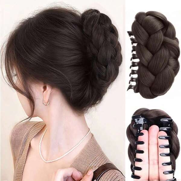 Women's Braided Bun Hairpiece Fake Hair Claw Glue Updo Fluffy Hair Accessories Back Of Head Hair Bundle Summer, Claw Clip Fall Winter Hair Clip For Vacation Outfits Woman