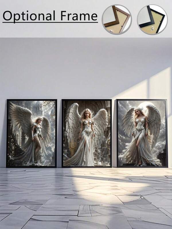 3Pcs/Set, Optional Frame, High Quality Print Painting, Modern Style, Angel Image, Wings, Fantasy Style, Mythical Elements, Pure White, Sacred, Home Decoration, Decorative Painting, Suitable For Living Room, Sofa, Bed, Hallway, Bedroom, Bathroom, Office, Perfect Art Gift