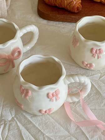 1pc Asymmetrical Pink Bowknot Mug, Handmade Ins Style 3D Bow Milk Cup, Coffee Cup, Suitable For Restaurant, Living Room, Cafe, Gift