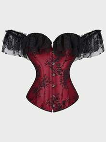 Corset Top Lace Off Shoulder Boned Overbust Corset Bustier  Bodyshaper Lingerie Top - 酒紅色 - 查看 1