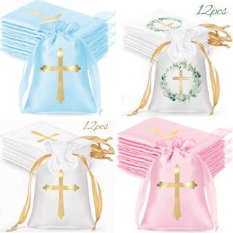 12 stuks satijnen doopcadeauzakje met trekkoord, 4 x 6 inch (ongeveer 10,2 x 15,2 cm), religieuze feestcadeau, snoepzakje, kruiscadeau, sieradenzakje voor de doop, eerste