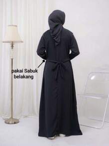 朴素时尚女式阿拉伯连衣裙休闲宽松设计，采用斋月长袍服装 - 黑色 - 查看 7
