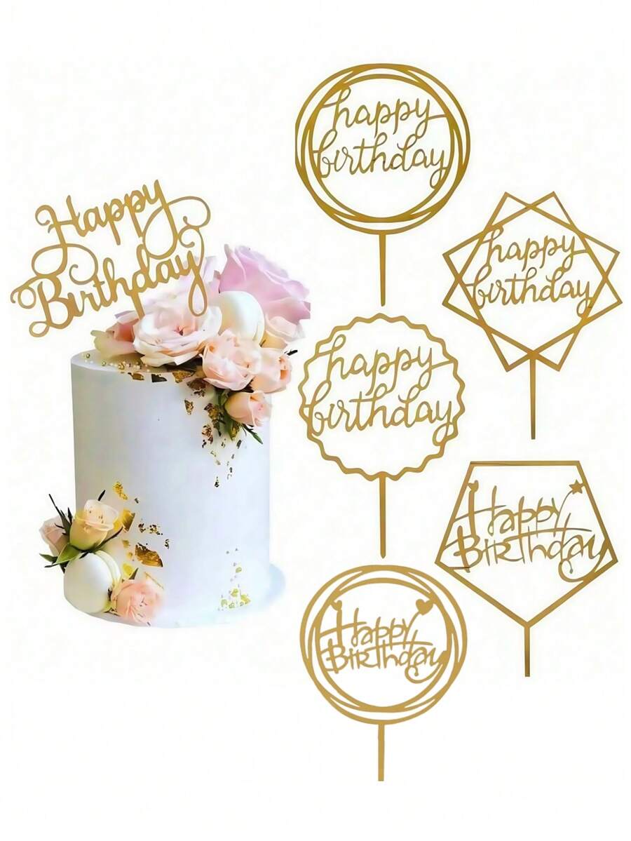 6个/12个蛋糕装饰旗，生日蛋糕装饰，亚克力生日蛋糕装饰，甜点桌装饰，烘焙用品，派对装饰，厨房必备，节日礼物 - 金色 - 查看 1