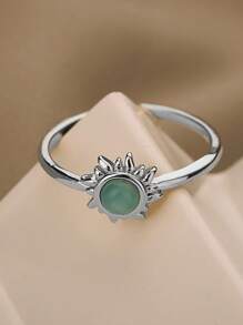 1pc Stylish Gold Stainless Steel Sun & Blue Cat Eye Stone Open Ring For Women Party Jewelry Gift