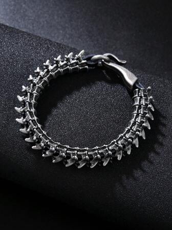 1 件男士时尚嘻哈风格暗黑哥特龙脊锌合金 PU 皮革手链