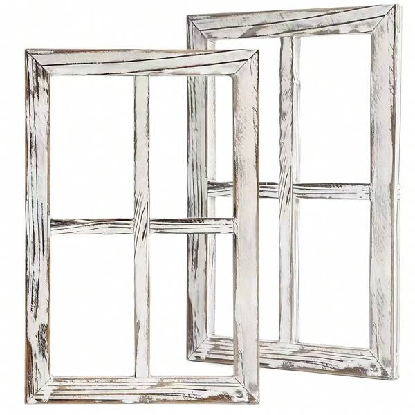 2 Stück Rustikaler weißer Holzfensterrahmen Deko, Landhausstil Wanddekoration Fensterläden