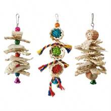 Combo de jouets à mâcher interactifs pour perroquet et inséparable - jouets anti-ennui pour oiseaux comprenant un os de calmar, une boule en rotin, une luffa et une cosse de maïs - chaîne à mâcher attrayante pour oiseaux de compagnie