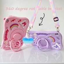 Apple Cute Phone Case 1pc Cartoon Rainbow Heart Plush Ball, Butterfly Lollipop Flower Decor, 360 Degree Rotatable Adjustable Strap Phone/Tablet Stand Case Compatible With IPad Air2/IPad Mini/IPad56789/IPad Pro 11 10th Generation