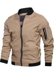 Spring And Autumn Men's Jacket, Zipper Stand-Up Collar Jacket, Classic And Simple Jacket, Gift For Friends, Husband, Boyfriend - Khaki - View 1