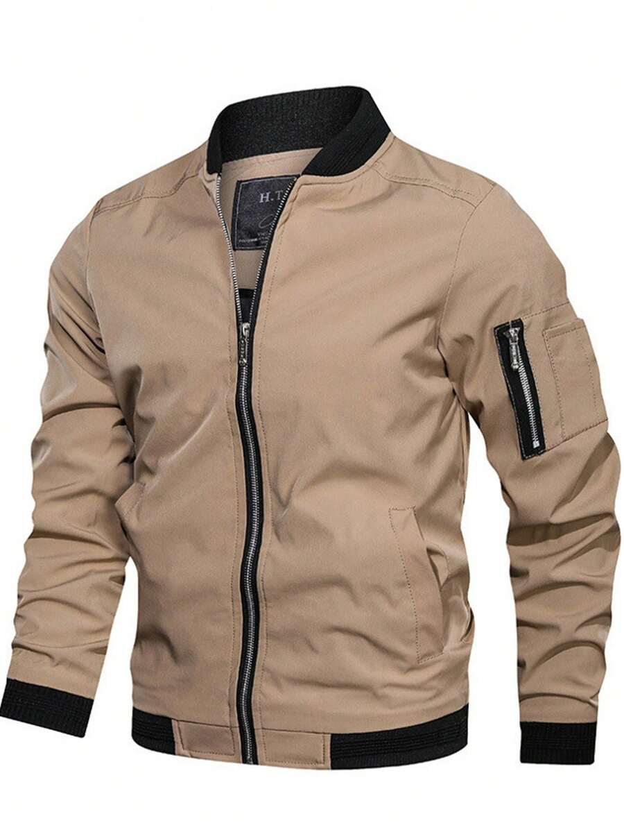 Spring And Autumn Men's Jacket, Zipper Stand-Up Collar Jacket, Classic And Simple Jacket, Gift For Friends, Husband, Boyfriend - Khaki - View 1