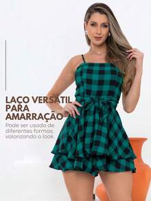 Plaid Jumpsuit Dress S To GG Women's June Party Look São João Fabric Duna Short Stylish Bow Waist Plaid Casual Cute Party Hem With Ruffle With Belt - 墨綠色 - 查看 2