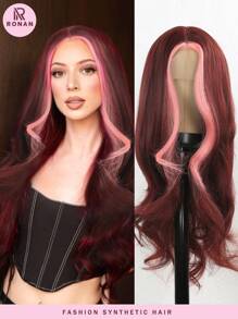 26 英寸粉色/伯格长波浪 4*1 U 型蕾丝长伯格波浪假发 长卷发合成蕾丝假发 中分 适合女士日常派对使用 - 挑染紅色 - 查看 2