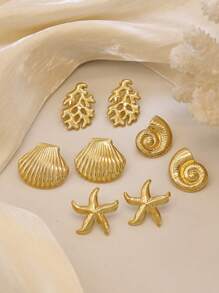 8 Pcs Women's Fashion Elegant Gold Acero Inoxidable Earring Set, Featuring Jewelry Elements Of Starfish, Shells, Seashells, And Coral, Hypoallergenic, Colorfast, Suitable For Daily Wear, Graduation Season Gift