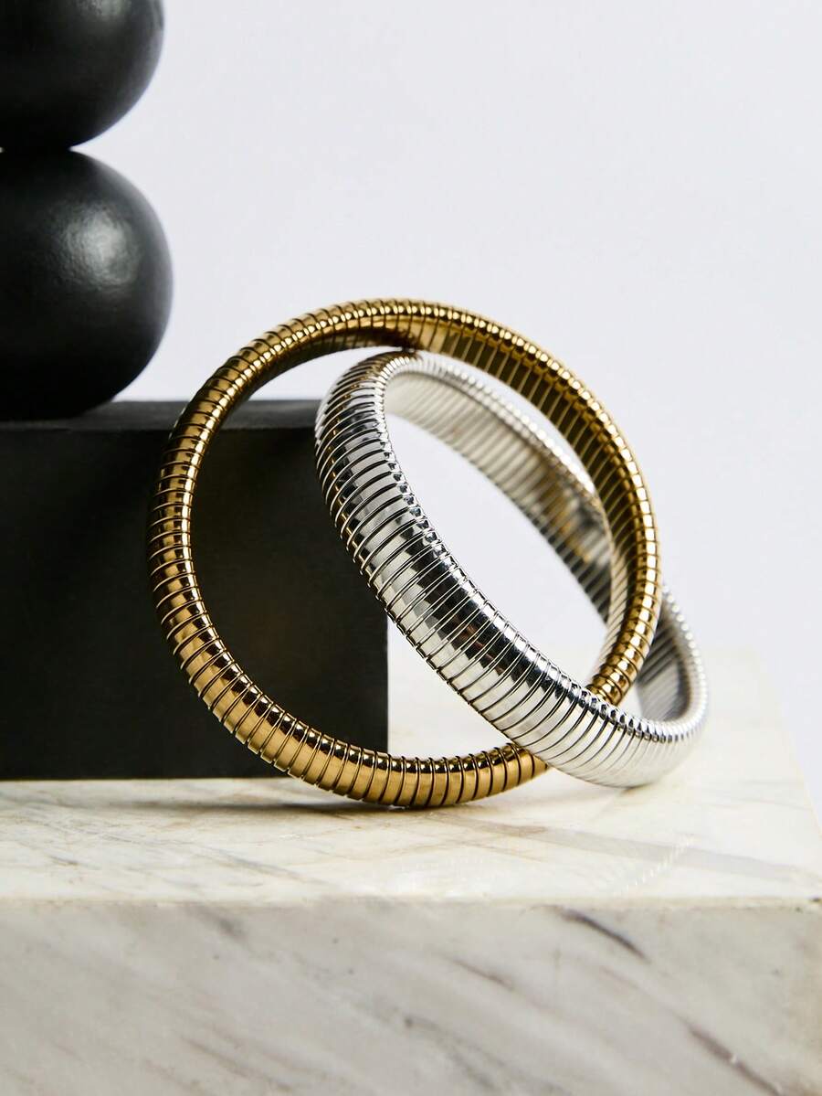 1件装 18k镀金钛钢手镯 复古弹力抛光手镯 女士女孩时尚美学饰品 圣诞节冬季圣诞礼物