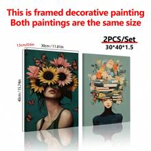 2 Stücke Mode Mädchen Lesen Leinwandgemälde, elegante Dame in Sonnenblumenglück, inspirierter Vintage-Stil, perfekt für Wohnzimmer, Schlafzimmer, Badezimmerdekoration, ideales Geschenk für Buchliebhaber - Leinwand (gerahmt)