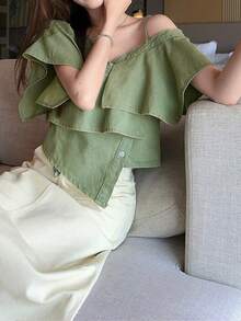 Petite Off Shoulder Denim Patchwork Cropped Camisole Top Set, Stylish & Slimming Casual - Blue - View 1