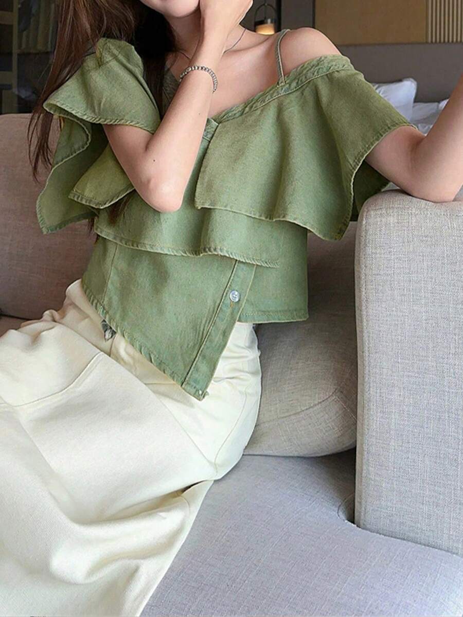 Petite Off Shoulder Denim Patchwork Cropped Camisole Top Set, Stylish & Slimming Casual - Blue - View 1
