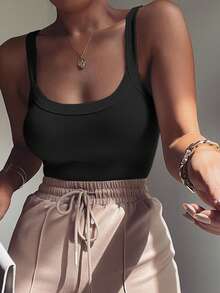 ChicMe U Neck Sleeveless Spaghetti Strap Ribbed Bodysuit Slim Fit Stretchy Basic Tank Top Classic Versatile Layering Shirt For Women