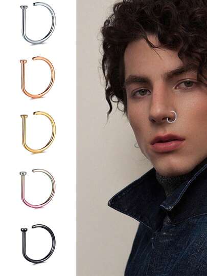 5pcs Fake Pierced Nose Rings Men And Women Fashion D Shape Punk No Piercing Nose Clips Stainless Steel Pierced Nose Septum Suitable For Teenagers Body Jewelry