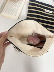 1 Pc Black And White Striped Pattern Clutch Makeup Bag With Canvas Interior, Large Capacity Makeup Storage Bag, Toiletries Organizer Cosmetic Pouch For Travel Essentials Vacation Summer Holiday Back To School School Stuff Bag For School Travel Bag For Women Makeup Bag For Travel Make Up Bag - Multicolor - View 6