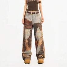 Plus Size Men's Retro Washed Denim Patch Printed Loose Wide Leg Pants With Full Print Design, 3D Printed Jeans - Printing - View 2