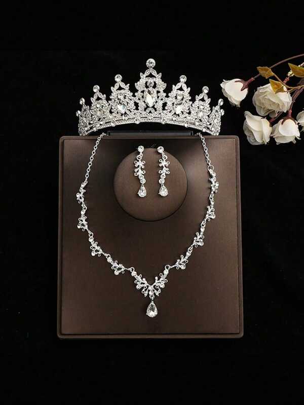 4pcs Teen Jewelry Set, Princess Necklace Set, Crown Necklace Set, Crystal-Grade Children Party Tiara, Luxury Crown Necklace Gift Box, Suitable For Weddings, Holidays, Galas
