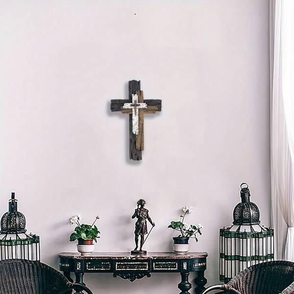 1pc, Rustic Wall Cross Antique Hanging Wood Cross Spiritual Art Sculpture Religious Home Decor Farmhouse Decoration Vintage Wall Art Multi Layered Christianity Wooden Decorative Sign Room Decor Bedroom Decor Wall Decor