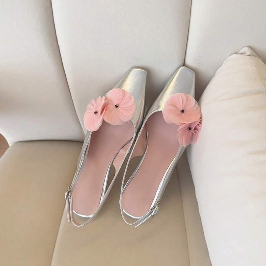 Floral Design Peep Toe Backless Sandals Fairy Style Square Toe Shallow Mouth Single Shoes - Silver - View 1