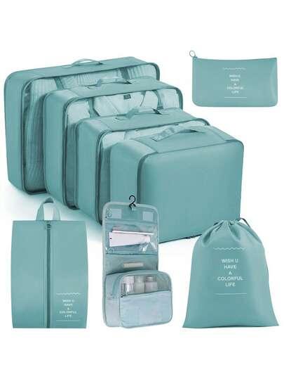 8 Pcs Travel Packing Organizer Set - Polyester Luggage Packing Cubes For Clothes, Underwear, Shoes, Pants, Socks, Cosmetics & Travel Essentials, Efficient & Stylish Packing Solution With Laundry Bag & Packing Cubes, Shoe Bag - Travel Accessories - Random Print, Suitable For Cruise, Beach Vacation, Summer Travel, Fits For Men & Womentravel Bag Vacation Holiday Back To School School Stuff Dorm Room Essentials College