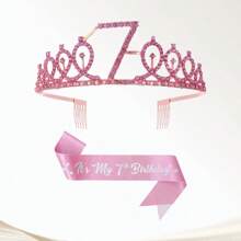2pcs/Set 4th 5th 6th 7th 8th 9th 10th 12th 13t 16th Birthday Gift Party Favor Rhinestone Crown Jewelry Peony Ribbon Number Etiquette Rose Flower Shoulder Strap Onion Powder Cloth Belt Holiday Dress Up Set Fashion Number Delicate Crown Tiara Hair Accessories It's My Birthday For Pink