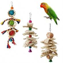 Combo de jouets à mâcher interactifs pour perroquet et inséparable - jouets anti-ennui pour oiseaux comprenant un os de calmar, une boule en rotin, une luffa et une cosse de maïs - chaîne à mâcher attrayante pour oiseaux de compagnie