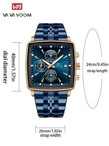 VA VA VOOM 1 PEÇA Relógio Masculino 2025 Novo Quadrado Multifuncional Movimento de Quartzo Relógio de Luxo com Cronômetro Pulseira de Aço Inoxidável Marca VA VA VOOM Original Calendário Luz Noturna Relógio Dourado & Prata & Azul & Preto Simulado Negócio Lazer Esporte Presente Relógio de Pulso