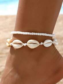 2 pezzi Cavigliere da spiaggia in stile bohémien con conchiglie e perline, catene per caviglia bianche regolabili fatte a mano con motivo a conchiglia, perfette per vacanze al mare, gioielli casual per il piede