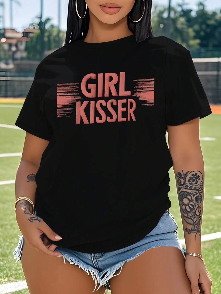 Girl Kisser Bold Text Large Size Women's Short-Sleeved T-Shirt (Non-Sports) - Black - View 1