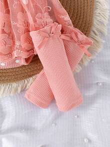 1pc Infant Girls Cute Short Sleeve Lace Mesh Ruffle Hem Bodysuit, Lightweight Summer - Pink - View 5