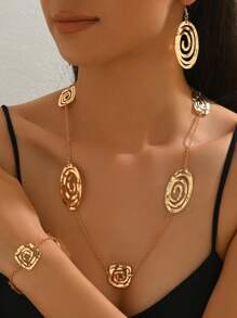 4 pièces Set de bijoux élégants pour femmes, style rétro boho géométrique en métal, collier + boucles d'oreilles + bracelet avec design ovale, carré, spiralé. Convient pour le Moyen-Orient, usage quotidien, soirée, rue, cadeau de vacances, accessoire polyvalent