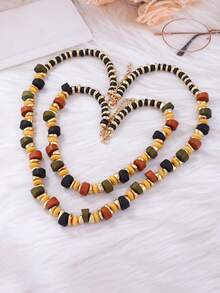 1pc Creative Casual Versatile Wooden CCB Double Layered Rhinestone Necklace For Women - Beaded Necklace - View 4