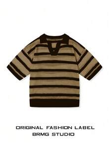 男女通用宽松条纹休闲简约商务通勤 Polo 领短袖针织套头衫，春夏秋季 - 咖啡棕 - 查看 2