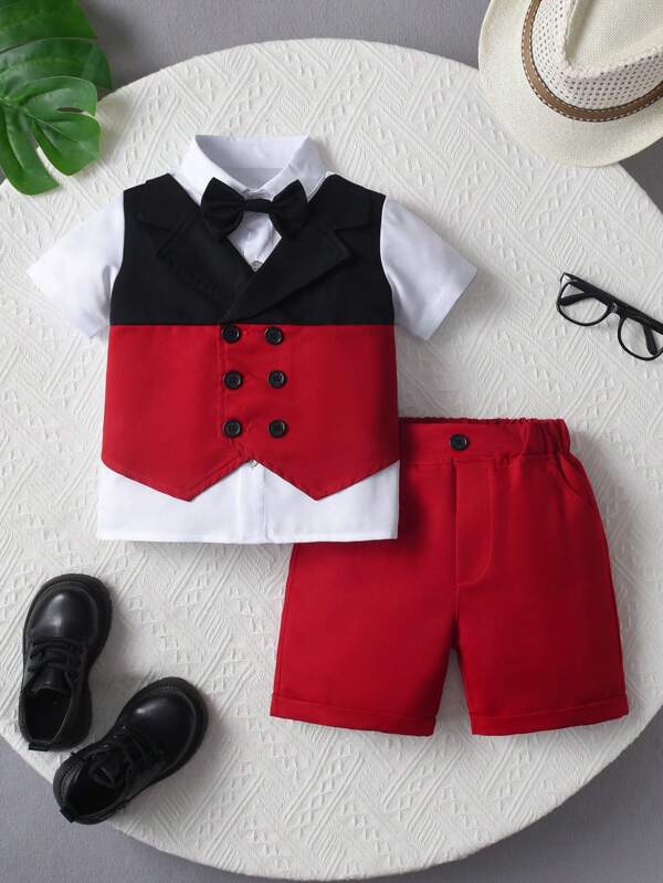 Conjunto de 2 piezas para niños pequeños de verano formal: Camisa de manga corta + pantalón corto, apto para ceremonia de graduación, fiesta de cumpleaños, atuendo de caballero