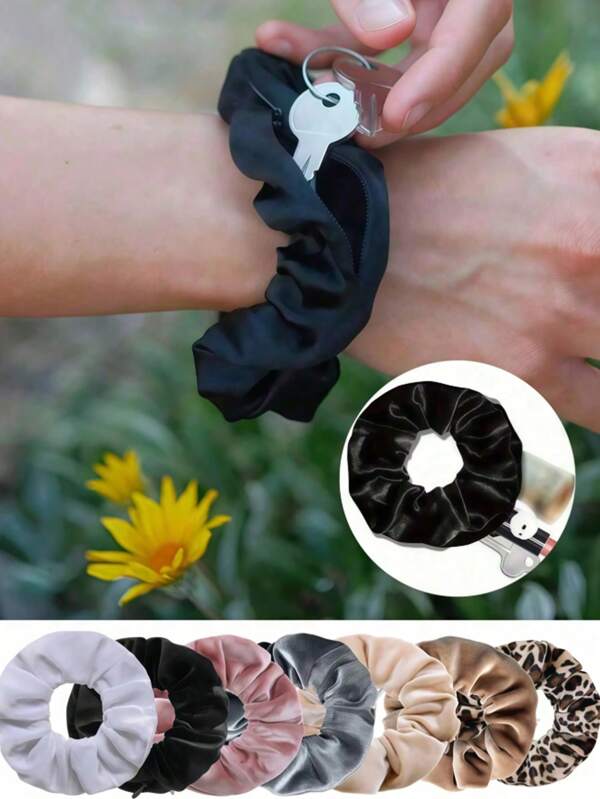1pc Pocket Hair Scrunchie With Hidden Zipper To Store Hair Ties/Ponytail, Velvet Zipper Hair Scrunchie, Elegant Fabric Scrunchie With Hidden Pocket, Elastic Headband With Secret Compartment To Hold Cash/Keys/Lipstick/Hair Ties, Minimalist Style