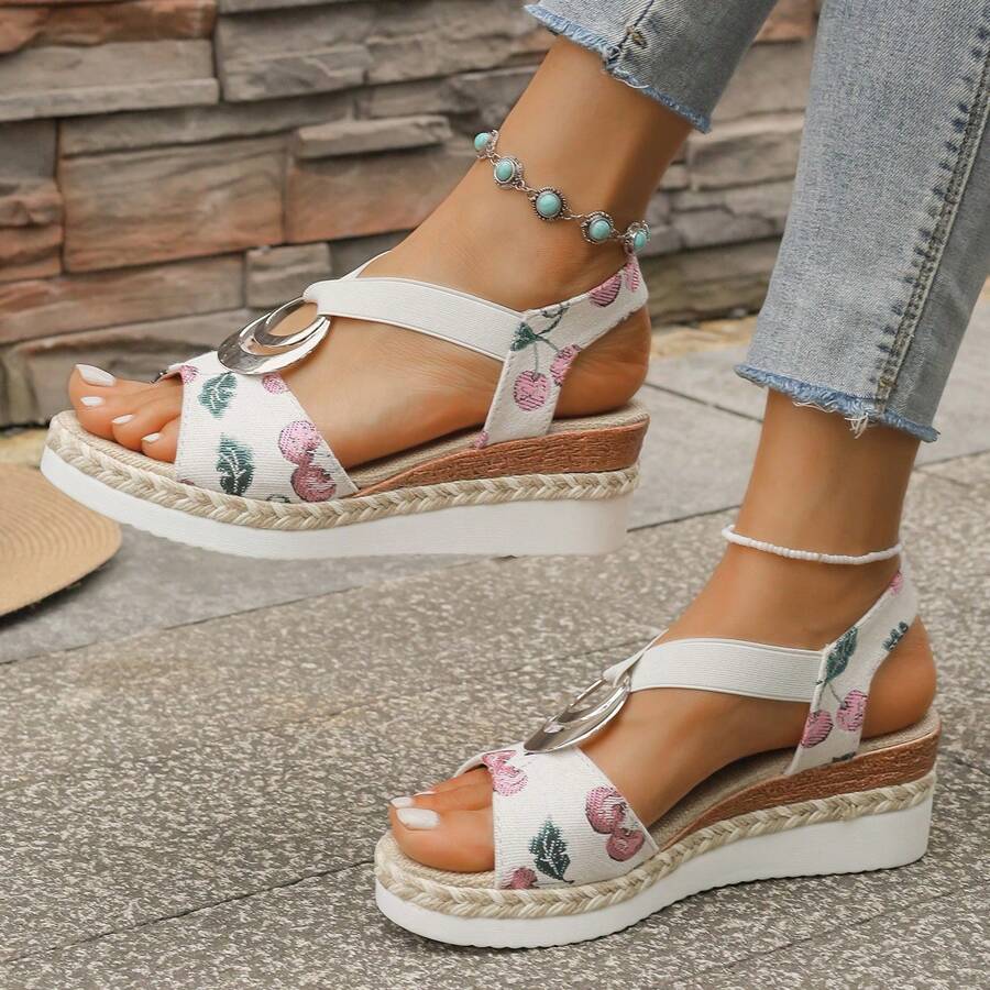 Sandales à plateforme graffiti colorées - Sandales compensées à boucle large et élastique en canevas pour femmes - Détails tressés, convient pour les sorties à la plage
