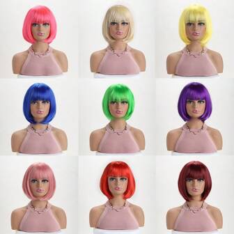 Women's Fashion Natural Short Curly 12-Inch Synthetic Fiber Inverted Bob Short Wig With Air Bangs, Suitable For Birthday, Festival, Ball, Performance, Role Play, Halloween Costume, Carnival Party