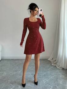 abyoxi Red Color Square Neck Long Sleeve Slim Fit Waist Detail A-Line Mini Party Dress With Flash Fabric,Dating,Romantic,Simple,Hot Girl,Fashionable,Valentine's Day,Back To School,Fall/Winter Clothes For Women