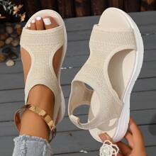 Sandalias deportivas de punto, sandalias con suela gruesa en blanco y negro, sandalias de estilo bohemio de patchwork y calado, estilo casual de vacaciones para mujer, sandalias de playa de verano con suela blanda