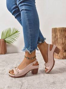 2025 Summer New Chain Thick Heel One-Buckle Sandals Commuting High-End Wide-Fit Fashionable Women High Heel Sandals