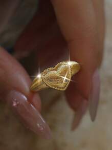 1 Peça Anel de Casal Aberto Dourado Cúbico Zircônia Coração Casual, Lindo Anel de Noivado e Casamento Feminino, Joia para Presente de Formatura, Uso Diário, Encontros