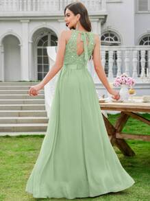 MIUSOL Vestido largo de gala formal con cuello de halter, sin mangas, con volantes, de gasa con lentejuelas y encaje floral
