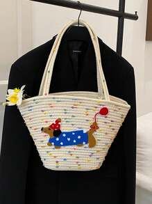 Cotton String One Shoulder Tote Bag For Women, Large Capacity Woven Bag, Ideal For Beach Vacation, Summer